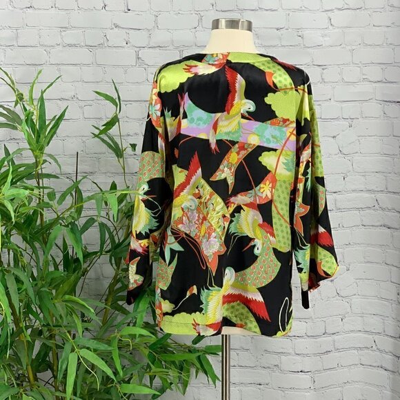 Natori Black Silk Blouse w/ Asian Crane Pattern - Picture 3 of 5